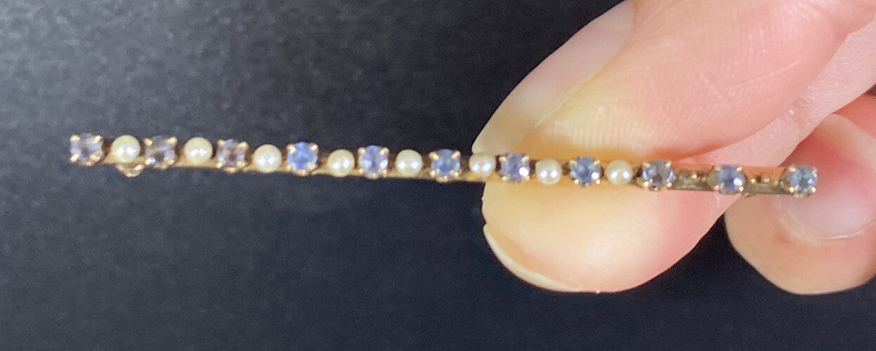 10K GOLD VICTORIAN BAR PIN SEED PEARL SAPPHIRE Brooch 3.2G Two Pearls Missing