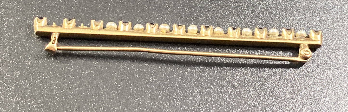 10K GOLD VICTORIAN BAR PIN SEED PEARL SAPPHIRE Brooch 3.2G Two Pearls Missing