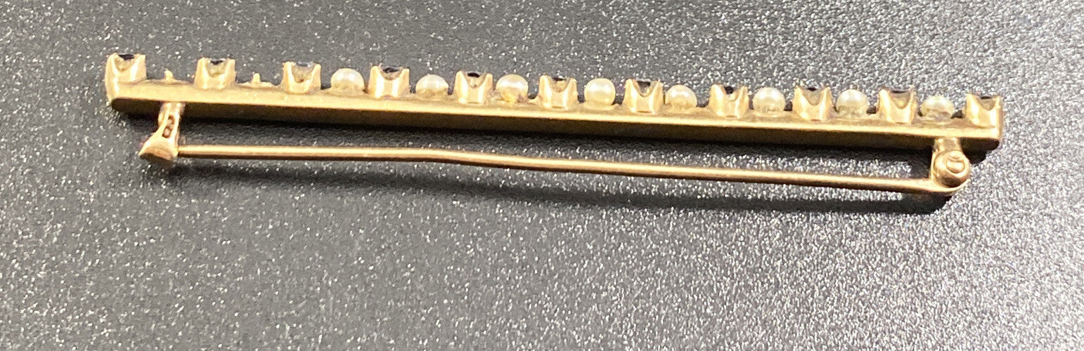 10K GOLD VICTORIAN BAR PIN SEED PEARL SAPPHIRE Brooch 3.2G Two Pearls Missing