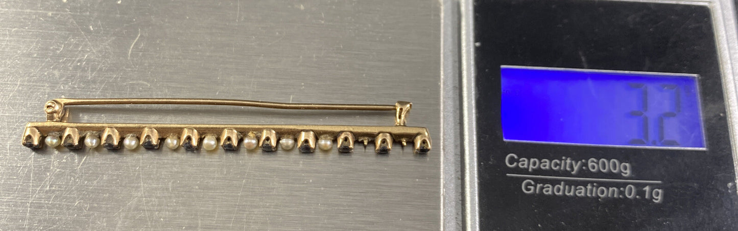 10K GOLD VICTORIAN BAR PIN SEED PEARL SAPPHIRE Brooch 3.2G Two Pearls Missing
