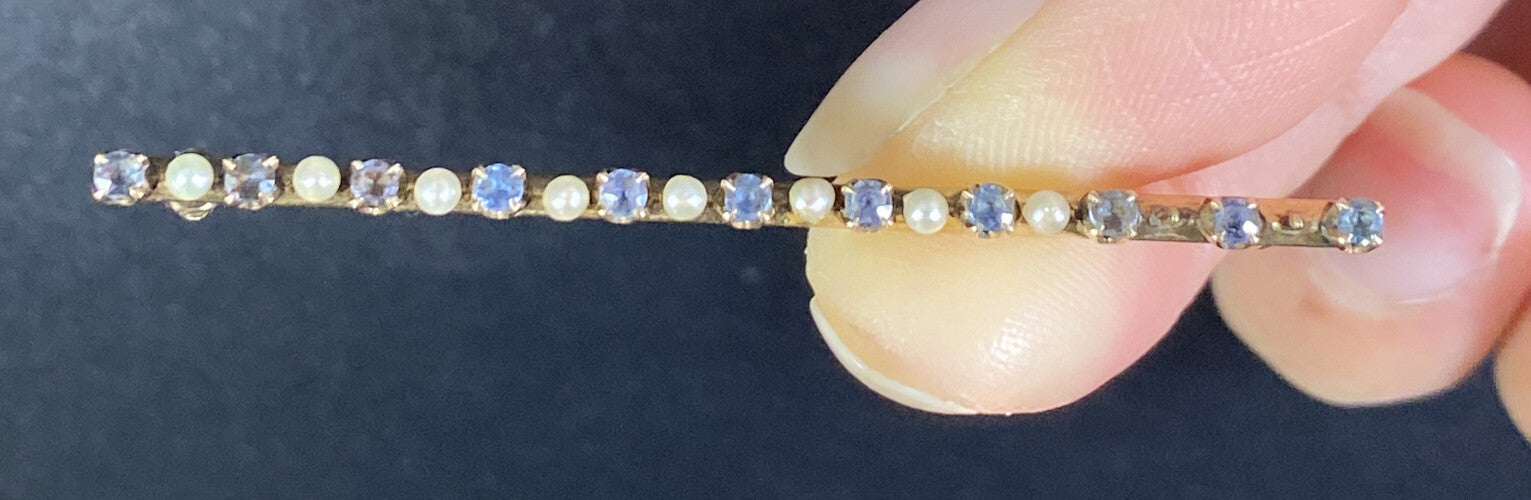 10K GOLD VICTORIAN BAR PIN SEED PEARL SAPPHIRE Brooch 3.2G Two Pearls Missing