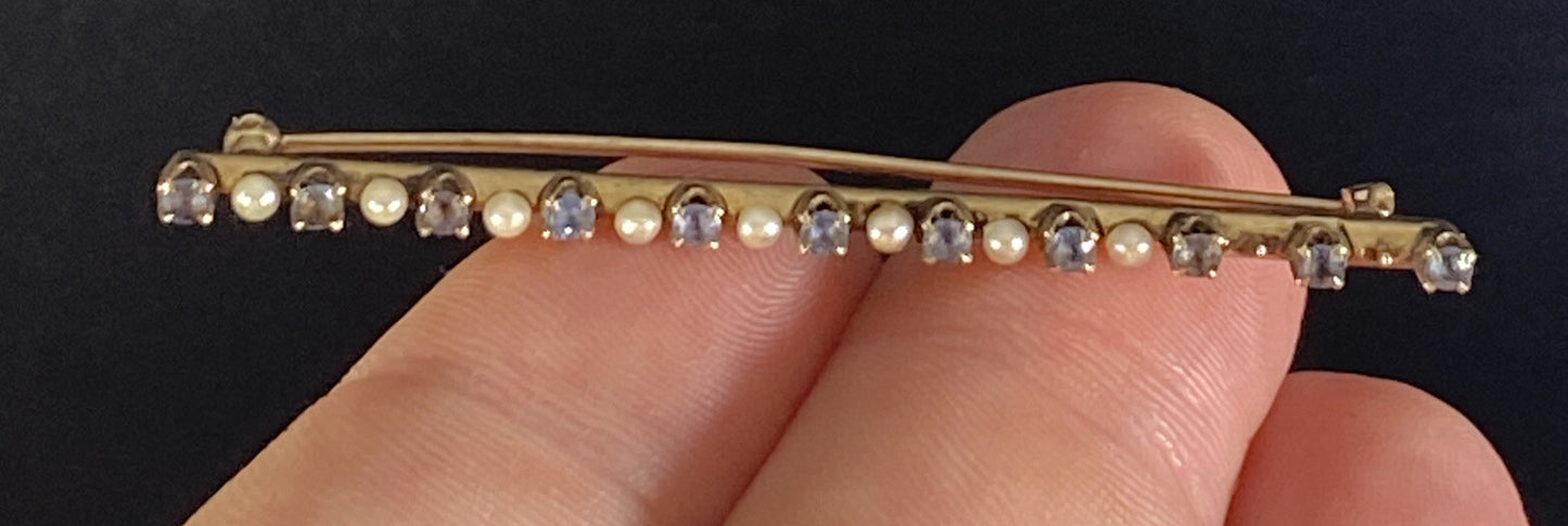 10K GOLD VICTORIAN BAR PIN SEED PEARL SAPPHIRE Brooch 3.2G Two Pearls Missing