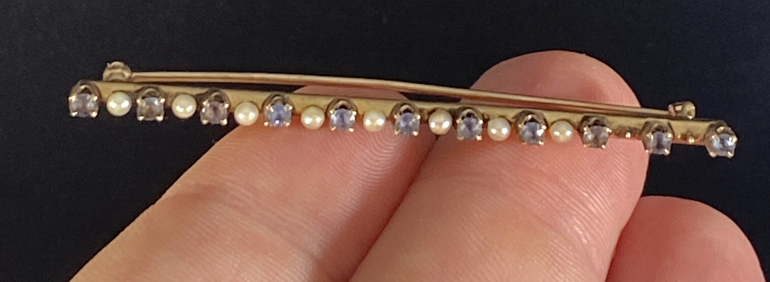 10K GOLD VICTORIAN BAR PIN SEED PEARL SAPPHIRE Brooch 3.2G Two Pearls Missing